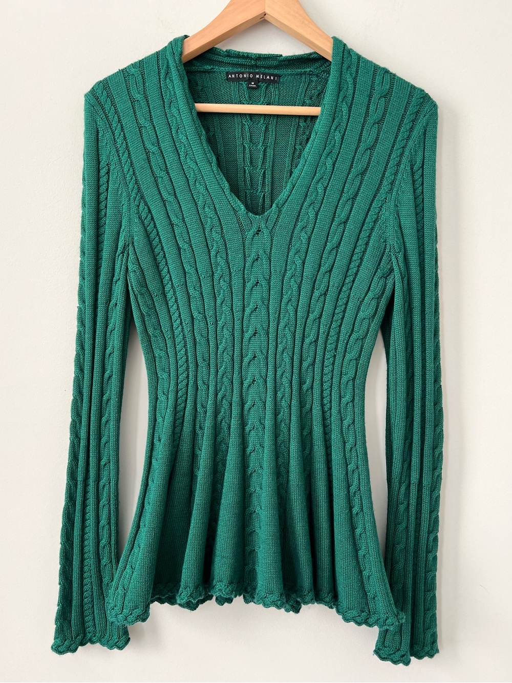 Antonio Melani Green Cable Knit V-Neck Peplum Sweater M
